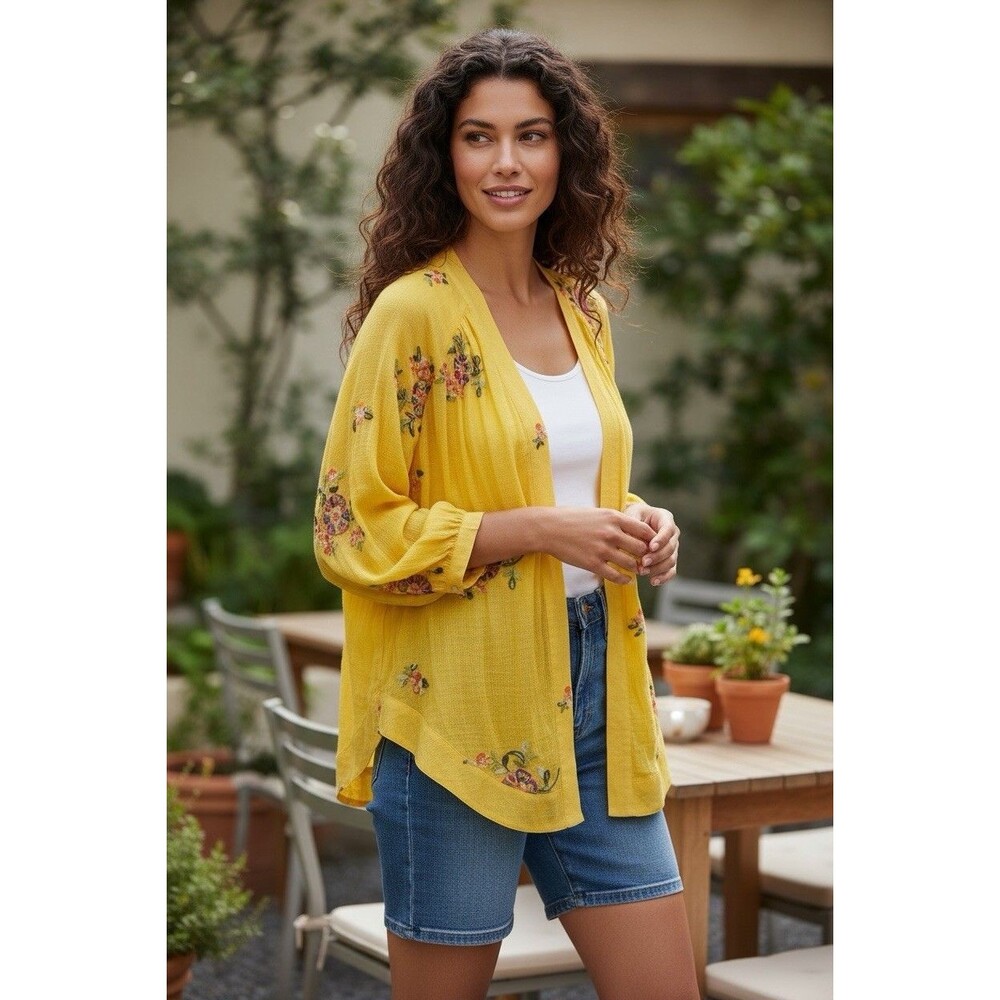 NWT Fig & Flower Yellow Floral Embroidered Open Cardigan XL Colorful Bright